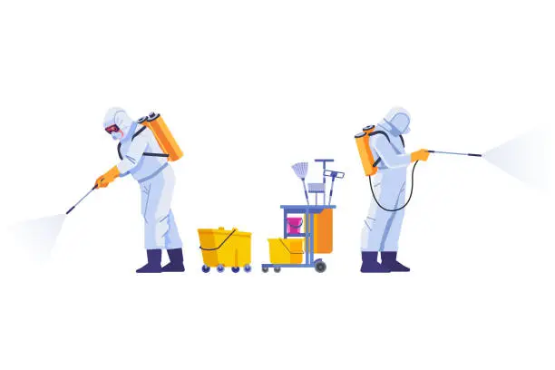 Vector illustration of COVID-19 Coronavirus disinfect. Disinfecting workers wear protective masks and spacesuits against pandemic coronavirus or covid-19 sprays. Cartoon style vector illustration isolated background