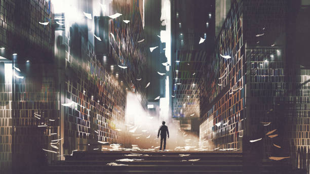 Entrance to the library maze man standing in a mysterious library, digital art style, illustration painting library stock illustrations