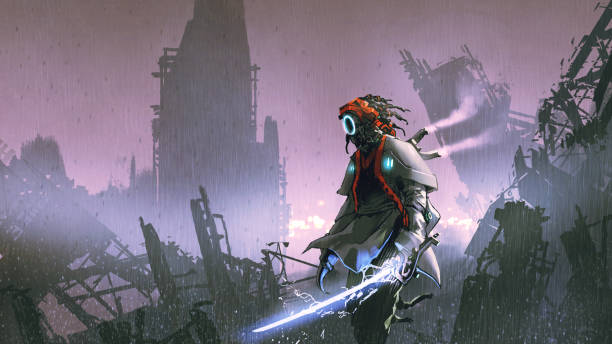futuristic pirate in the apocalyptic world robot with glowing sword standing alone in the apocalyptic city, digital art style, illustration painting dystopia concept stock illustrations