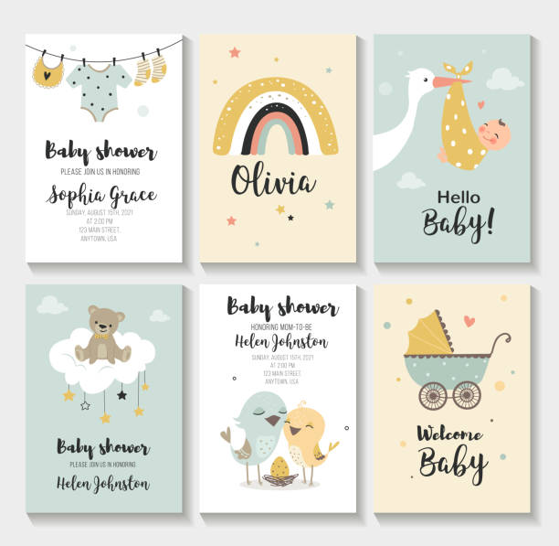ilustraciones, imágenes clip art, dibujos animados e iconos de stock de invitación de baby shower. - tarjeta de felicitación