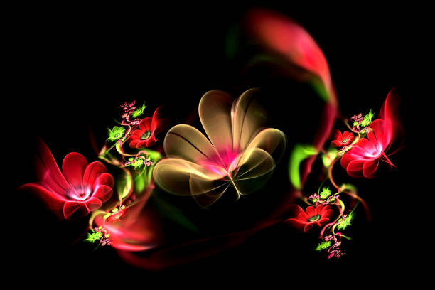 Abstract fractal glowing 3d flowers. Multi-colored fractal painting on a black background, magic flower bed