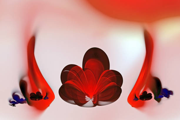 Abstract fractal glowing 3d red flowers. Multi-colored fractal painting on a light background, magic flower bed