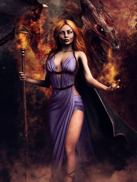 istock Fantasy sorceress with a red dragon 1222351850