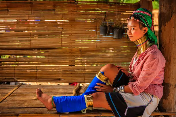 Portrait of a long-neck young girl Padaung (Karen) tribe, Mae Hong Son Province in Northern Thailand.