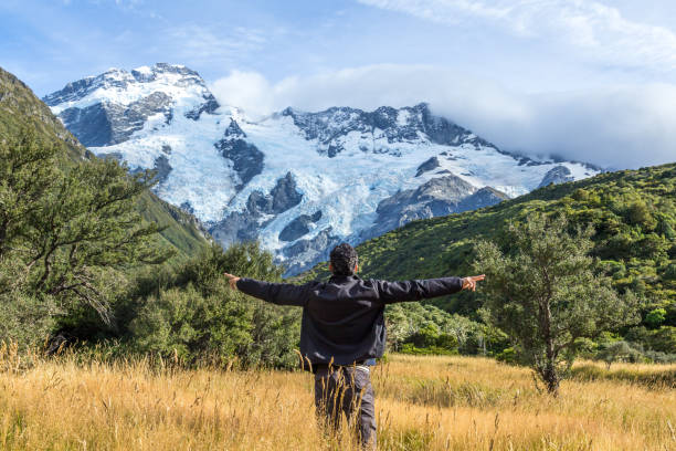 The frozen landscape of Franz Josef Glacier in the Southern Alps mountains of New Zealand.