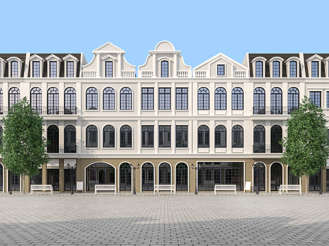 Large empty plaza with classical style building background 3d render illustration