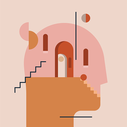 Inner world. Thinking process. Open mind. Humans head silhouette with modern minimal architecture and abstract geometric shapes inside. Psychologic psychotherapy concept. Vector eps 10 illustration