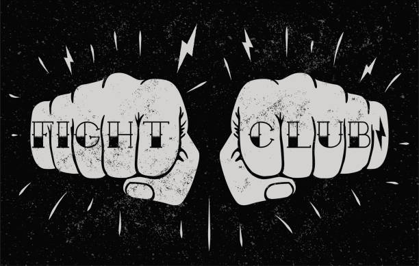 Two front view fists with fight club caption tattoo on fingers. Fighting club concept illustration for poster design or t-shirt design. Vintage styled vector illustration Two front view fists with fight club caption tattoo on fingers. Fighting club concept illustration for poster design or t-shirt design. Vintage styled vector eps 10 illustration tattoo arm stock illustrations