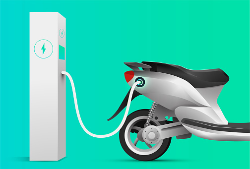 Electric scooter charging at charge station. Electric vehicle concept. Vector eps 10 illustration.