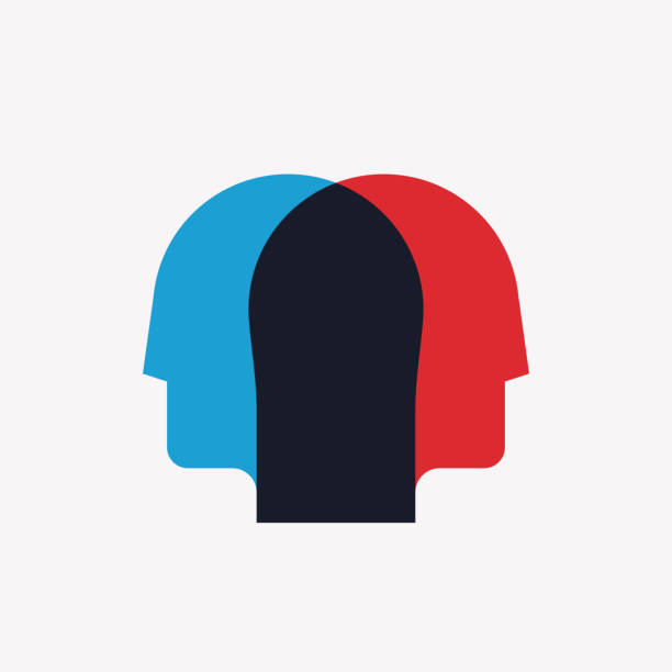 ilustrações de stock, clip art, desenhos animados e ícones de split personality, psychosis, mental health concept with two crossed human heads silhouettes in red and blue colors. vector illustration - behavioral problems