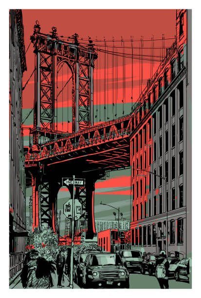 bildbanksillustrationer, clip art samt tecknat material och ikoner med vy över manhattan bridge från brooklyn - manhattan skyline sunset