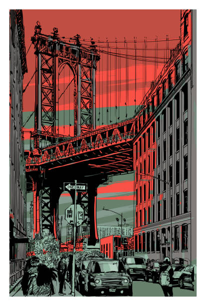 View of Manhattan Bridge from brooklyn View of Manhattan Bridge from brooklyn - vector illustration (Ideal for printing on fabric or paper, poster or wallpaper, house decoration) new york skyline drawing stock illustrations