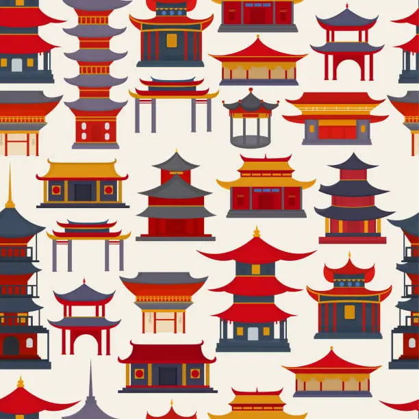 Vector illustration of Seamless patterns of Chinese buildings and temples