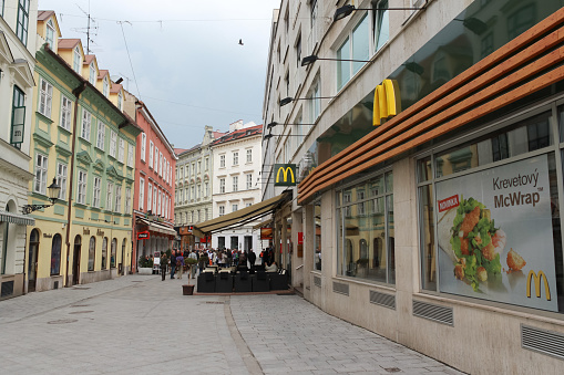 Bratislava, Slovakia - April, 2011: Macdonald's restaraunt near Historical building of the Slovak National Theatre.