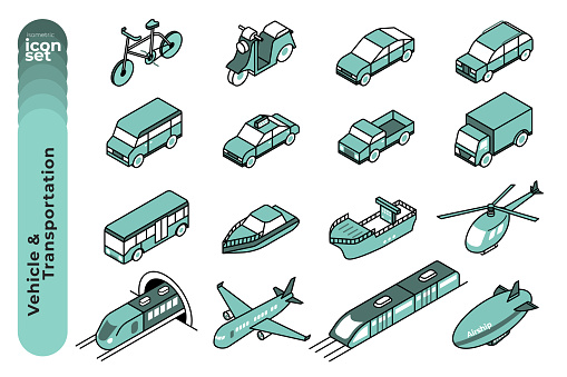 The mono colour outline icon illustration set of vehicles and transportations such as sedan, SUVs, bicycle, plane, Ship, helicopter and so on.