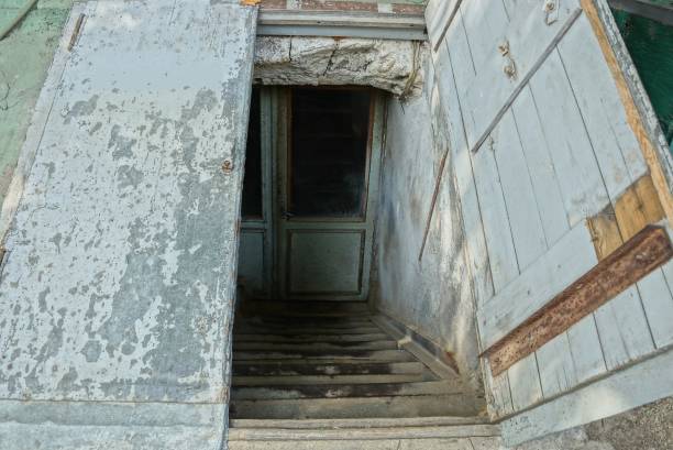 discesa al seminterrato sulla strada con gradini in pietra - basement spooky cellar door foto e immagini stock