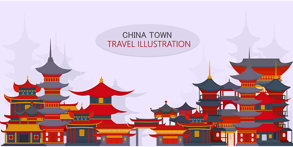 Vector greeting card with Chinese traditional temples and buildings on light gray background.