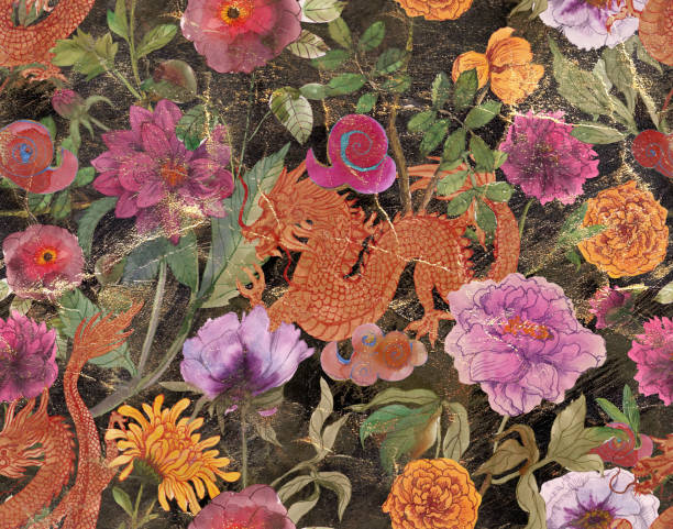 istock vintage seamless asian traditional patterns. Japanese painted flowers peonies, chrysanthemums, dahlias and dragon 1222362858