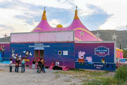 Coahuila, Mexico, July 26 -- Some people and families are waiting to enter the Blue Star Circus, a small family circus camped in a Mexican city in the north of the country, where the lives of some families meet in a daily life made of art, emotional relationships, creativity and work.