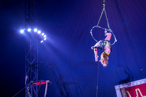 Coahuila, Mexico, July 26 -- A trapeze show in the Blue Star Circus, a small family circus encamped on the outskirts of a Mexican city in the north of the country.