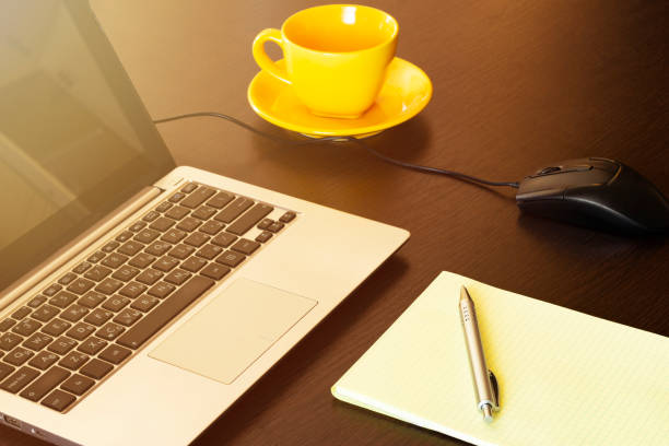laptop and wireless mouse on office desk