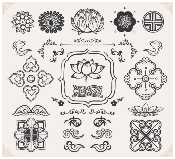 Set of hand drawn oriental elements. Black mandalas and lotus. Asian traditional design. Set of various Asian patterns tattoo symbols stock illustrations