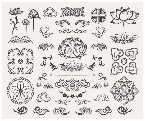 Set of hand drawn oriental elements. Black mandalas and lotus. Asian traditional design. Set of various Asian patterns lotus flower drawing stock illustrations