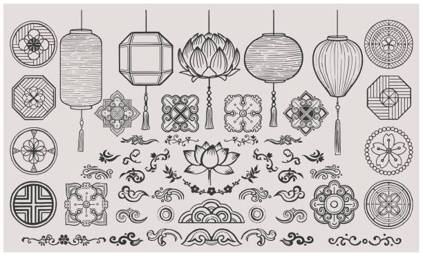 Set of hand drawn ofiental elements. Asian Lanterns and Traditional patterns. Set of oriental lanterns and Asian patterns. korean culture stock illustrations