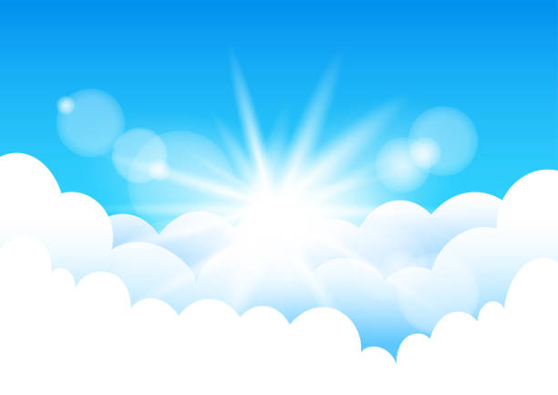 ilustrações de stock, clip art, desenhos animados e ícones de sky with cartoon clouds and sun lights - clear sky flash