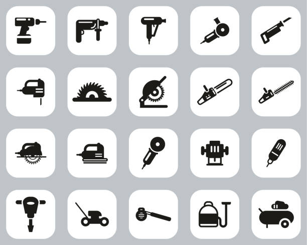 power tools icons schwarz & weiß flach design set big - electric saw illustrations stock-grafiken, -clipart, -cartoons und -symbole