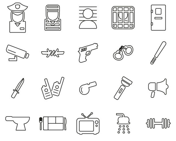 gefängnis oder gefängnis icons schwarz & weiß dünne linie set groß - wire cutter stock-grafiken, -clipart, -cartoons und -symbole