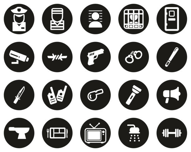 gefängnis oder gefängnis icons weiß auf schwarz flach design kreis set big - wire cutter stock-grafiken, -clipart, -cartoons und -symbole