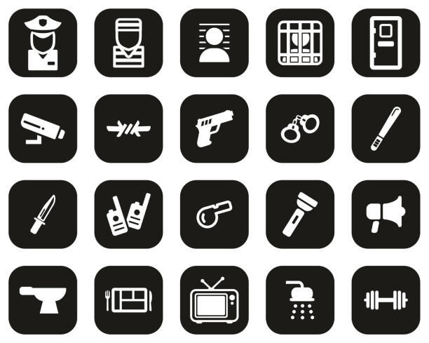 gefängnis oder gefängnis icons weiß auf schwarz flach design set big - wire cutter stock-grafiken, -clipart, -cartoons und -symbole