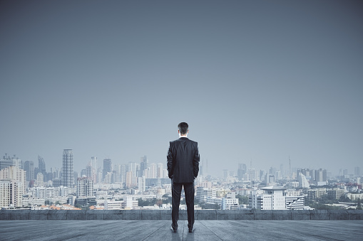 Back view of businessman looking into distance on rooftop with daylight city view. Copy space. Success, vision and future concept