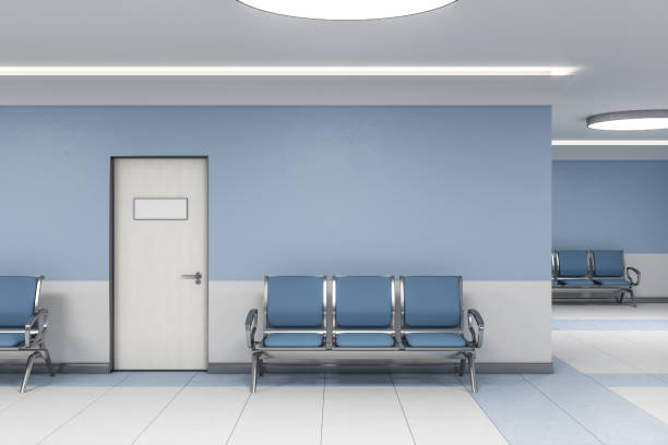 salle d’attente moderne dans l’intérieur bleu de bureau médical - door attendant photos et images de collection