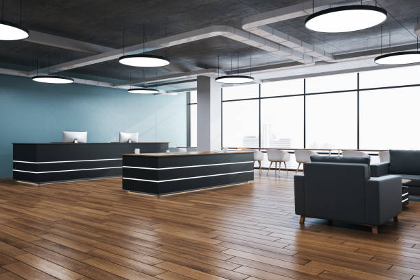 istock Contemporary concrete office lobby interior with reception desk 1222371976
