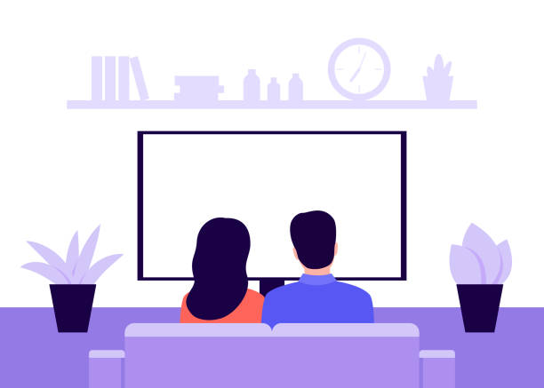 ilustrações de stock, clip art, desenhos animados e ícones de family young couple man and woman sitting on sofa at home and watching tv, back view. living room interior. rest, recreation, spending time on isolation and quarantine. vector illustration - apartment television family couple