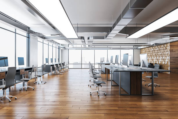 istock Modern coworking office room with equipment, city view 1222373036