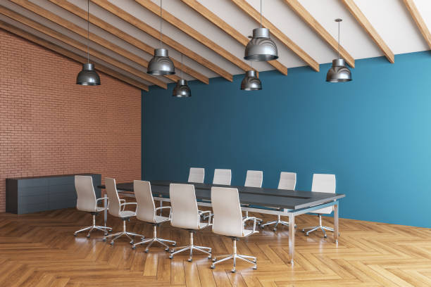 istock Minimalistic meeting interior with copy sace on blue wall 1222374620