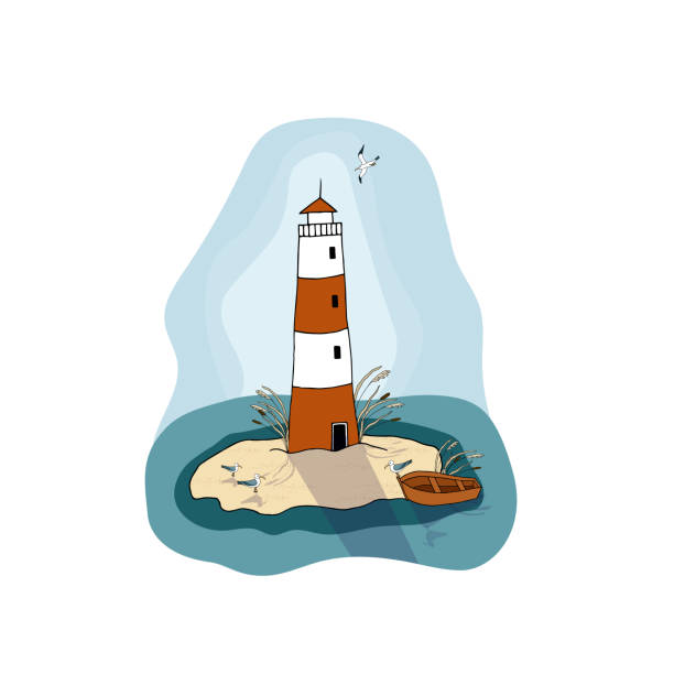 istock Vector illustration with the image of a lighthouse on the seashore, boat, seagulls, reeds in vintage style. Design for printing postcards, posters, on a mug, clothes, fabric 1222374864