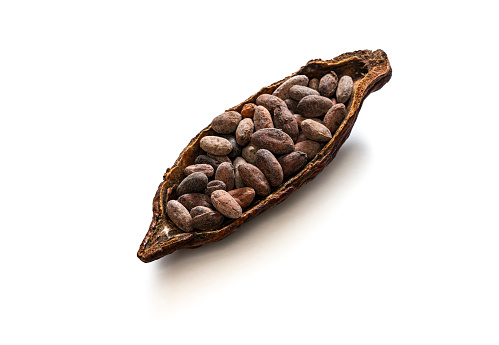 Cocoa pod with cocoa beans cacao on white background