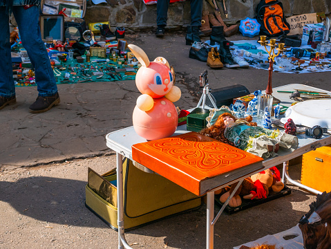 Moscow, Russia March 14, 2020  - old toys, figurines and various items are sold on the flea market.