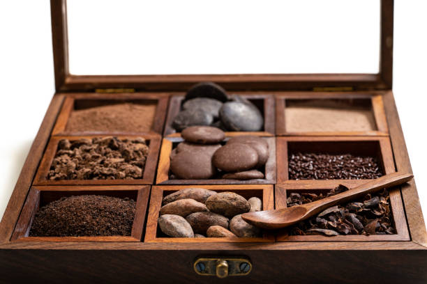 istock Chocolate wood box with coca beans chocolate drops cacao powder 1222376049