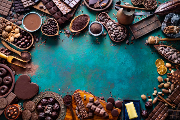 istock Assorted chocolate with bars cocoa beans cocoa pod and pot 1222376139