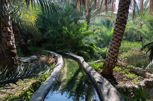 Traditional falaj irrigation channel at hillside above Wakan village in Oman