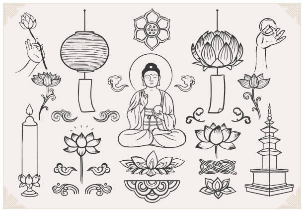 satz von handgezeichneten orientalischen elementen. sitzenbuddha mit händen und lotus. asiatische traditionelle design. - religion buddha buddhism temple stock-grafiken, -clipart, -cartoons und -symbole