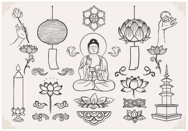 illustrations, cliparts, dessins animés et icônes de ensemble d’éléments orientaux dessinés à la main. bouddha assis avec des mains et du lotus. conception traditionnelle asiatique. - bouddha
