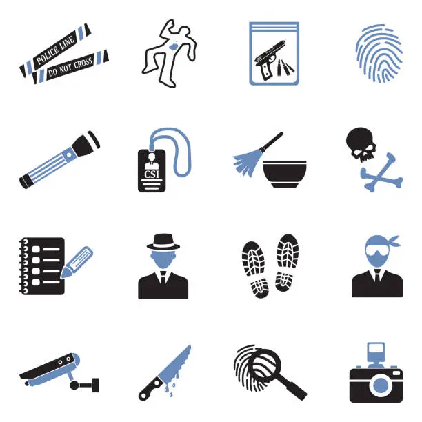 Vector illustration of Crime Scene Icons. Two Tone Flat Design. Vector Illustration.