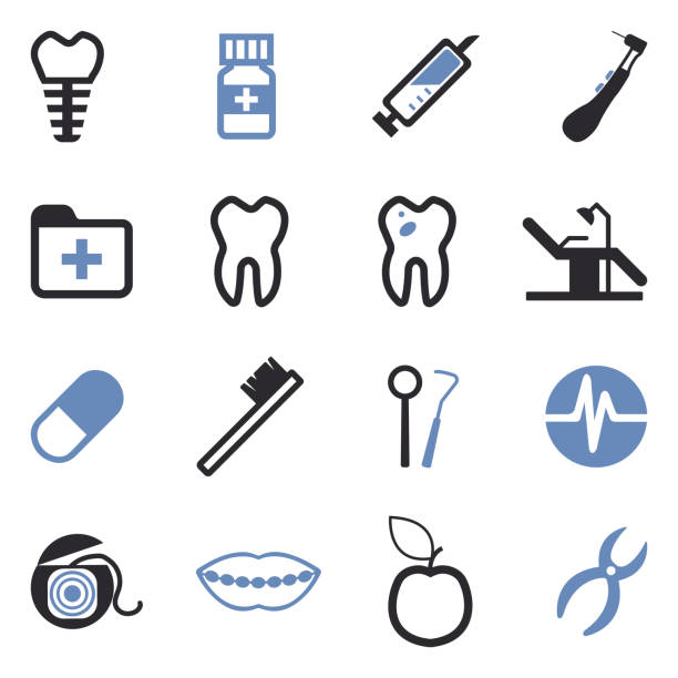 zahnarzt-icons. zwei-ton-flach-design. vektor-illustration. - dental hygiene elegance black toothbrush stock-grafiken, -clipart, -cartoons und -symbole