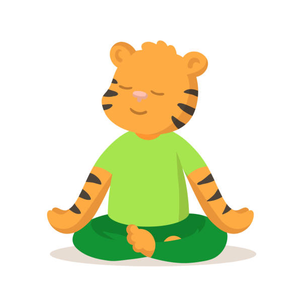 ilustrações, clipart, desenhos animados e ícones de tigre sorridente bonito sentado em posição de lótus, personagem de desenho animado. ilustração vetorial plana, isolada no fundo branco. - white background yoga backgrounds relaxation exercise